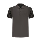 Black cotton men's polo shirt by Rifle, featuring a classic collar and short sleeves, displayed on a plain background.