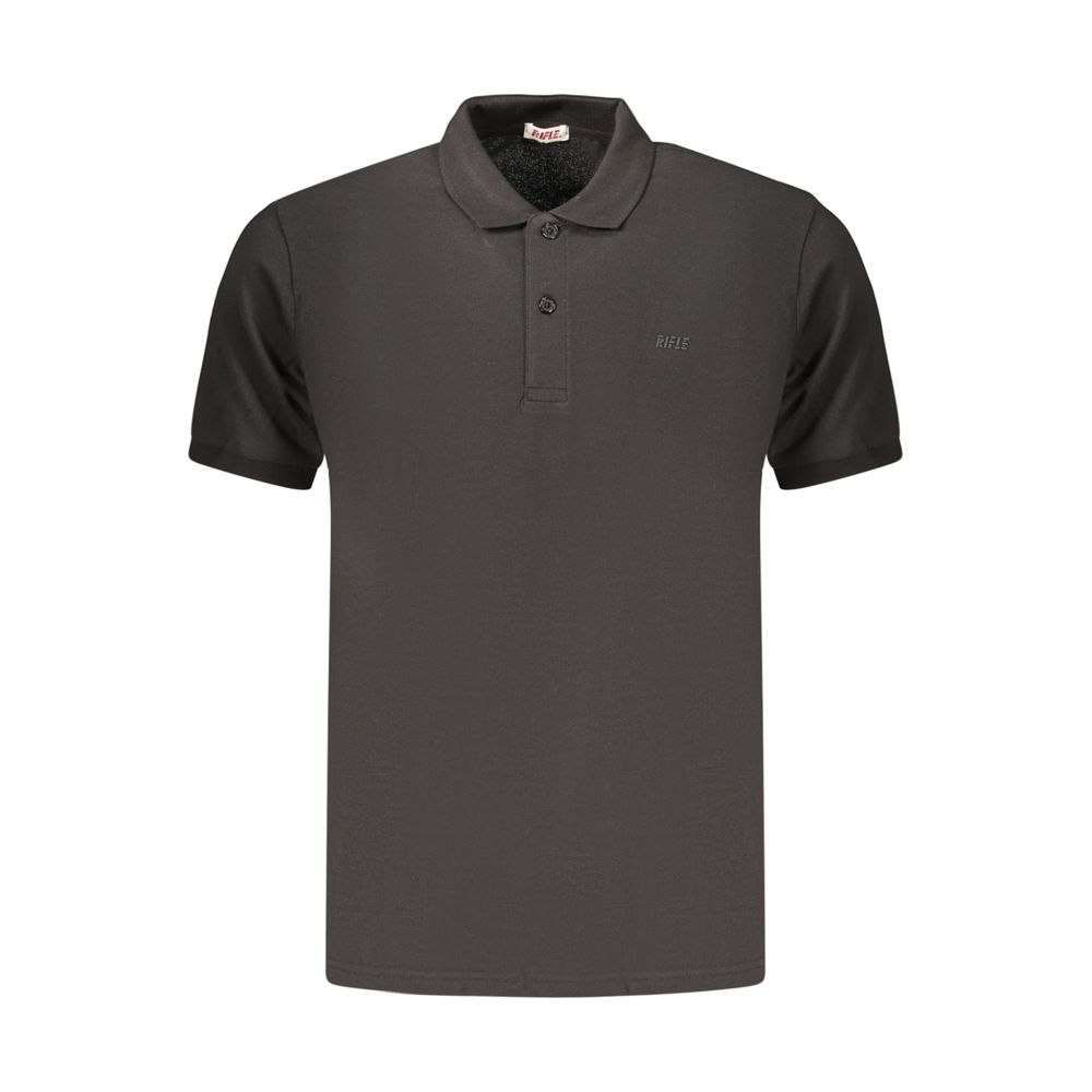Black cotton men's polo shirt by Rifle, featuring a classic collar and short sleeves, displayed on a plain background.
