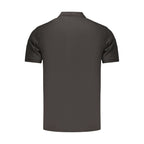 Black cotton men's polo shirt by Rifle, featuring a classic collar and short sleeves, shown on a plain white background.