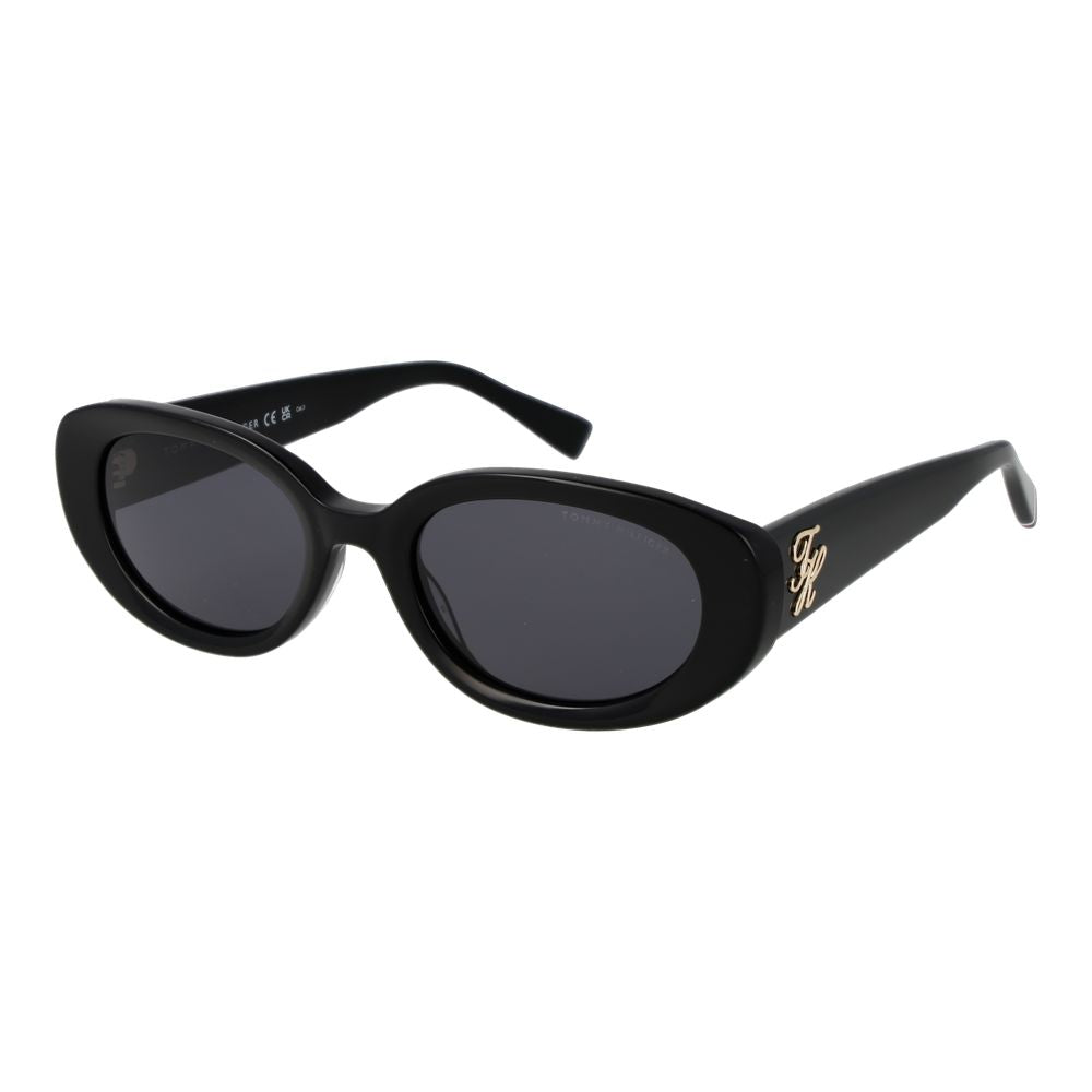 Tommy Hilfiger black acetate sunglasses with rounded frames and dark tinted lenses.