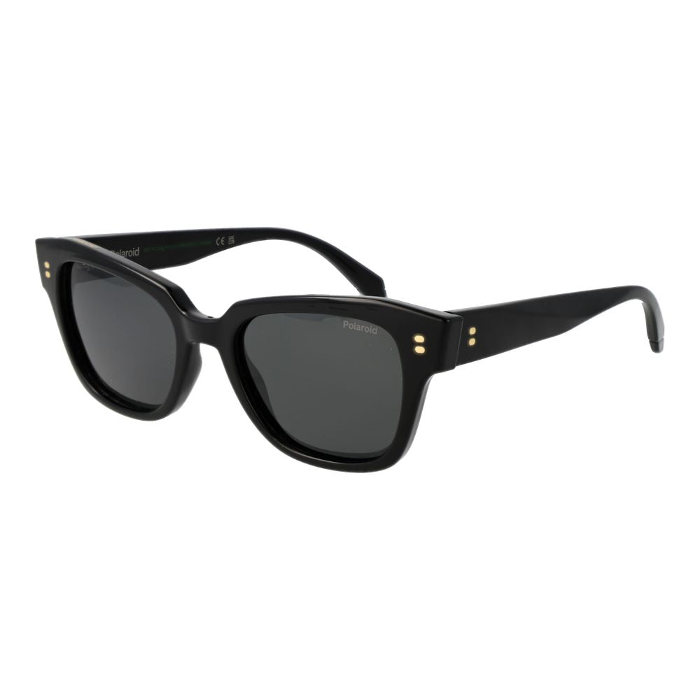 Polaroid black plastic sunglasses with sleek frame and tinted lenses, stylish eyewear for sun protection and fashion.