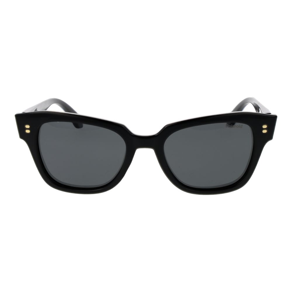 Polaroid black plastic sunglasses with sleek frame and tinted lenses, stylish eyewear for sun protection