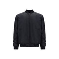 Moschino black polyamide bomber jacket with a sleek design and zipper details, displayed on a hanger.