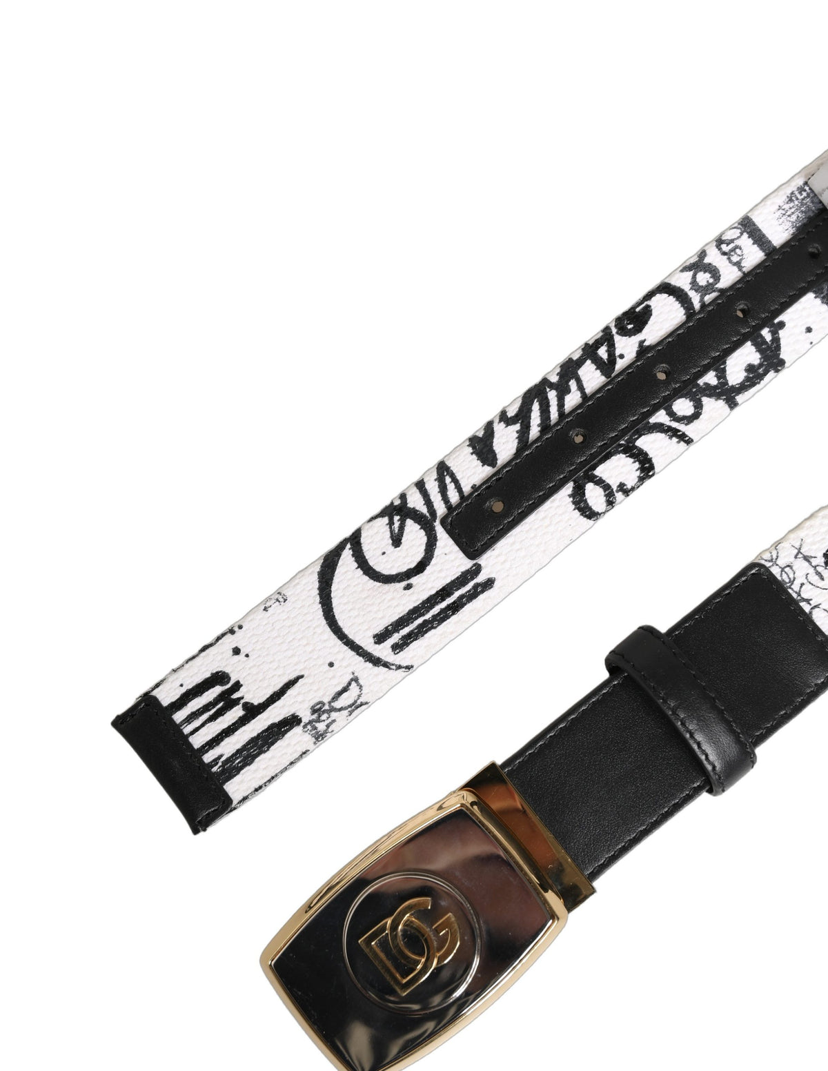 Dolce & Gabbana white graffiti print belt with gold metal buckle, stylish accessory with bold artistic design.