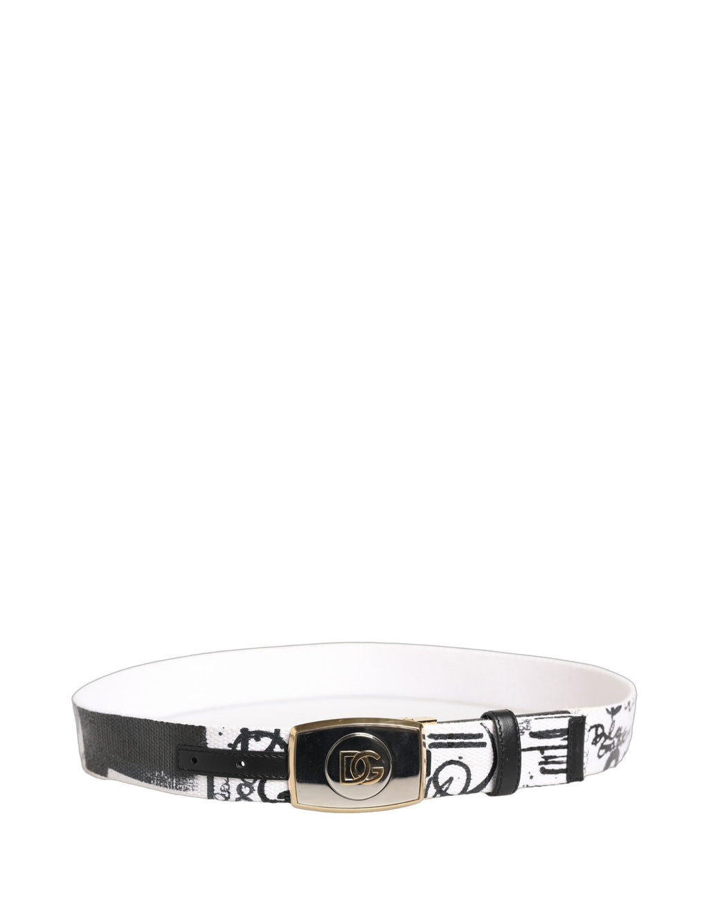 Dolce & Gabbana white graffiti print belt with gold metal buckle, stylish accessory featuring bold artistic design.