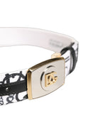 Dolce & Gabbana white graffiti print belt with gold metal buckle, stylish accessory with bold graphic design and modern fashion appeal.