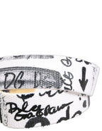 Dolce & Gabbana white graffiti print leather belt with gold metal buckle, stylish accessory featuring bold design and branding.