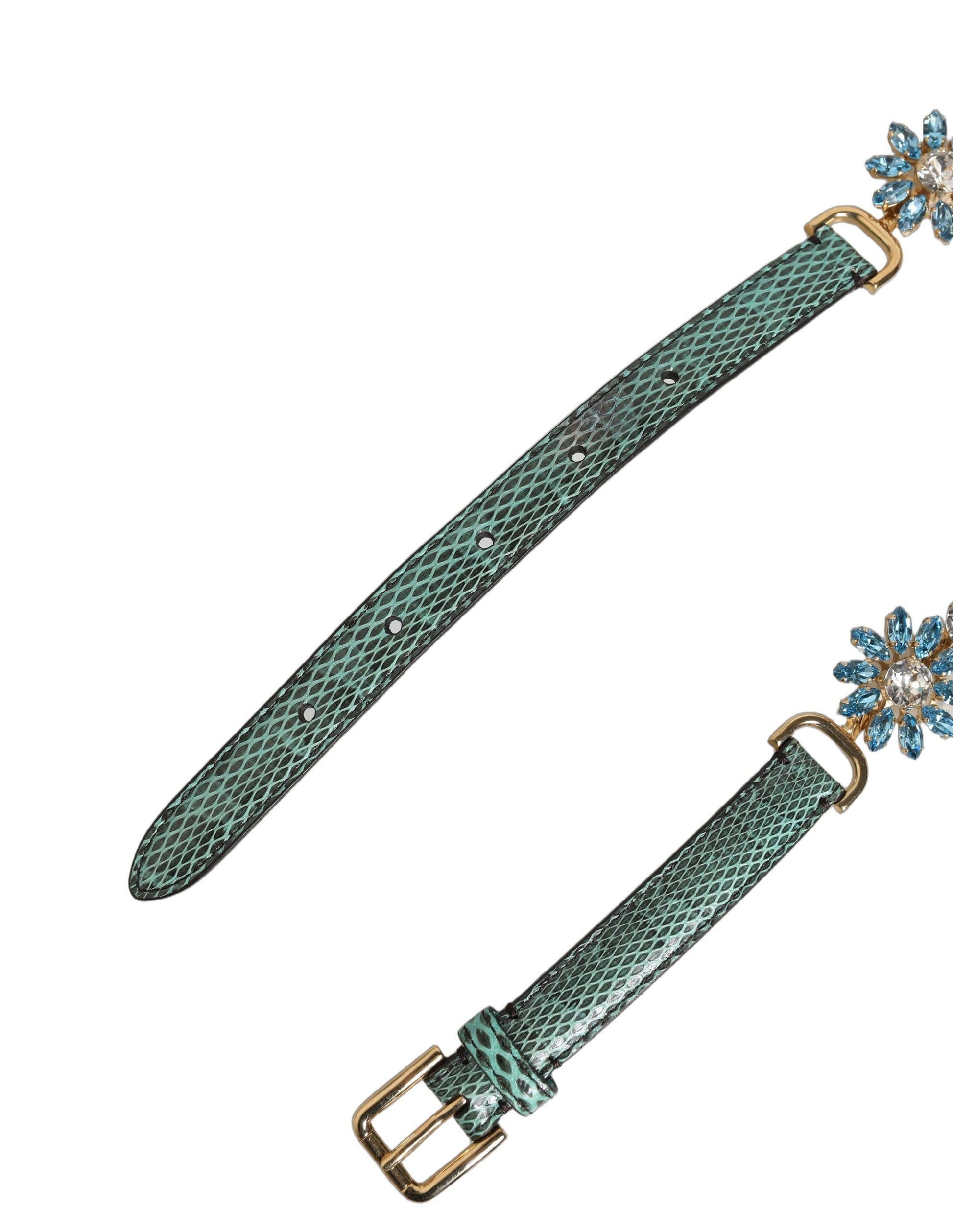Dolce & Gabbana Green Leather Daisy Crystal Embellished Waist Belt Dolce & Gabbana