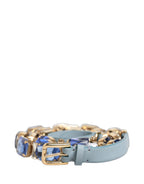 Dolce & Gabbana Blue Leather Crystal Chain Embellished Belt - Eljoys Fashion 