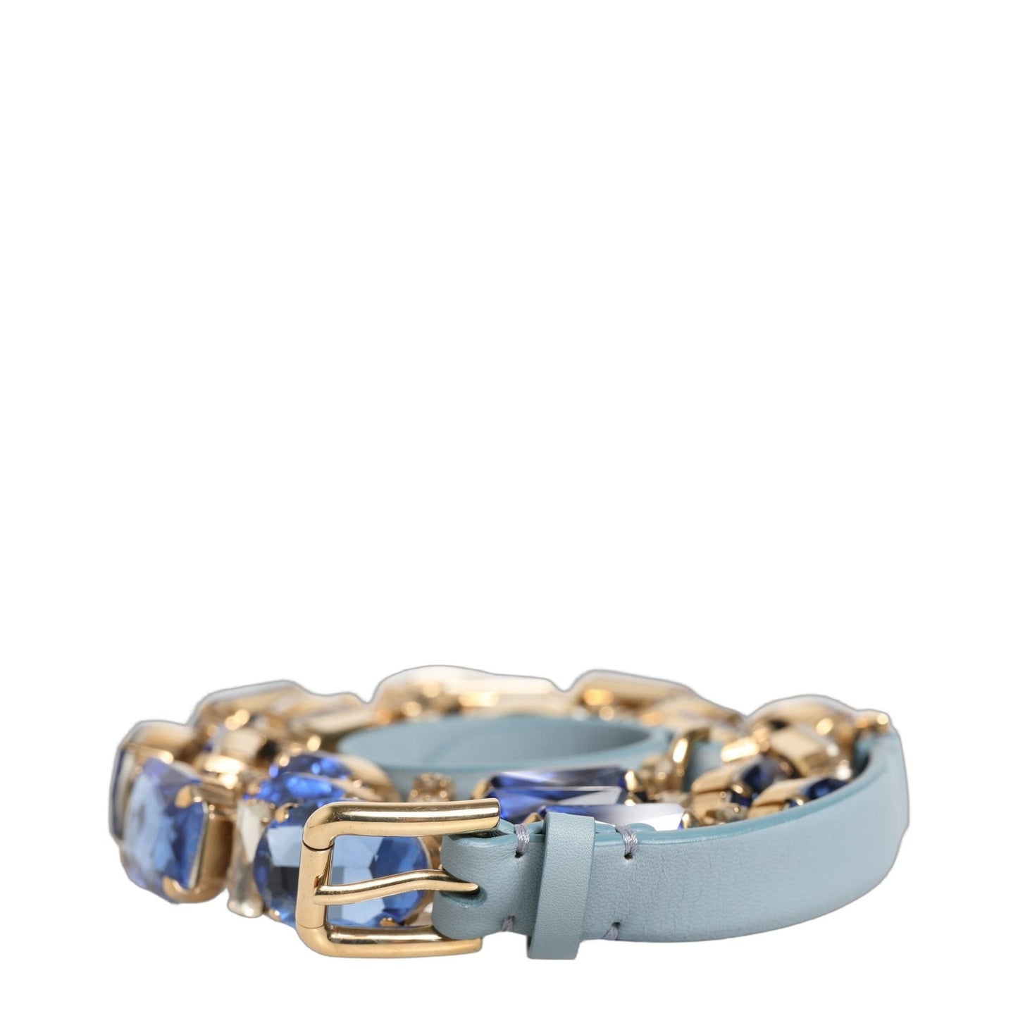 Dolce & Gabbana Blue Leather Crystal Chain Embellished Belt