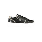 U.S. POLO ASSN. black polyurethane women's sneaker with white sole and logo detail, stylish casual footwear for women.