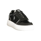 U.S. POLO ASSN. women's black polyurethane sneaker with white sole and sleek design on a plain background.