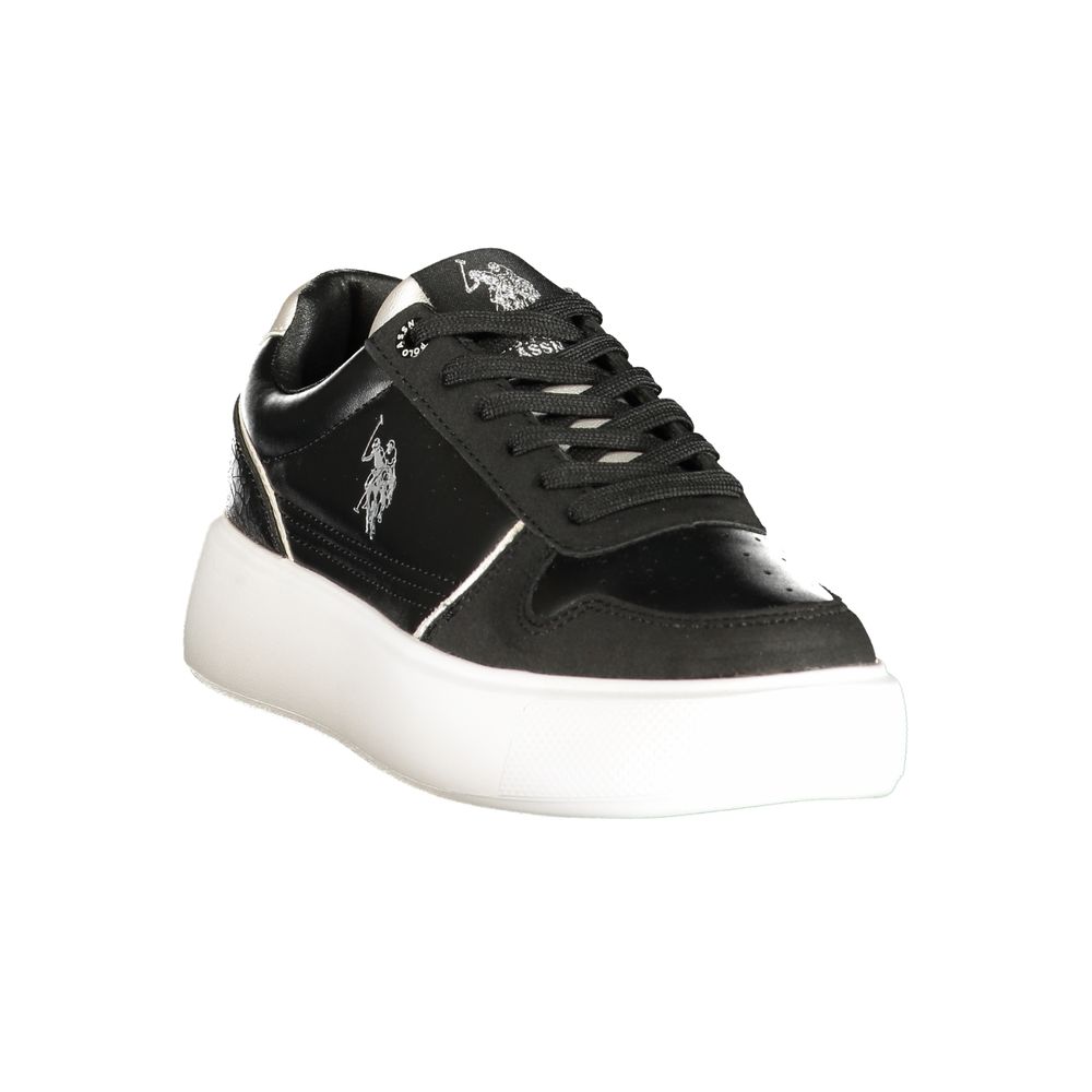 U.S. POLO ASSN. women's black polyurethane sneaker with white sole and sleek design on a plain background.