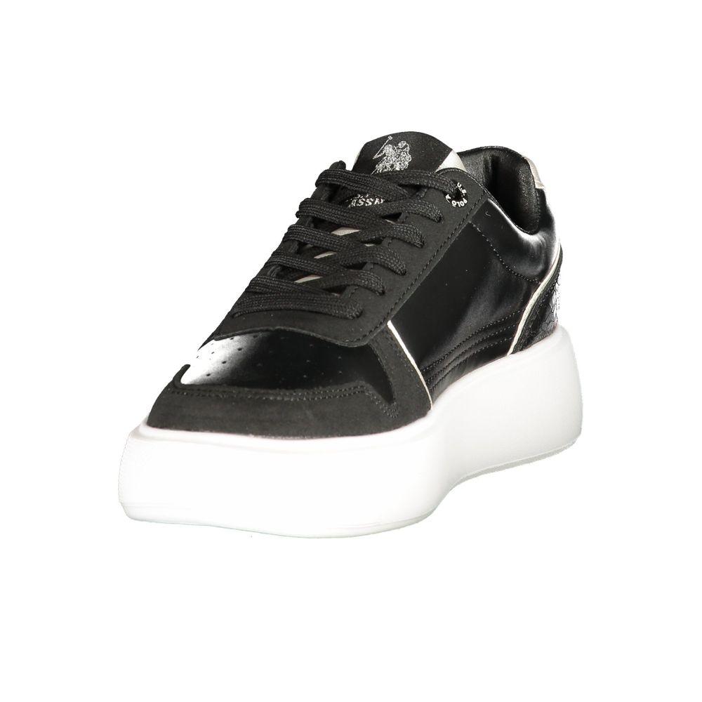 U.S. POLO ASSN. women's black polyurethane sneaker with white sole and sporty design, casual footwear for everyday wear.