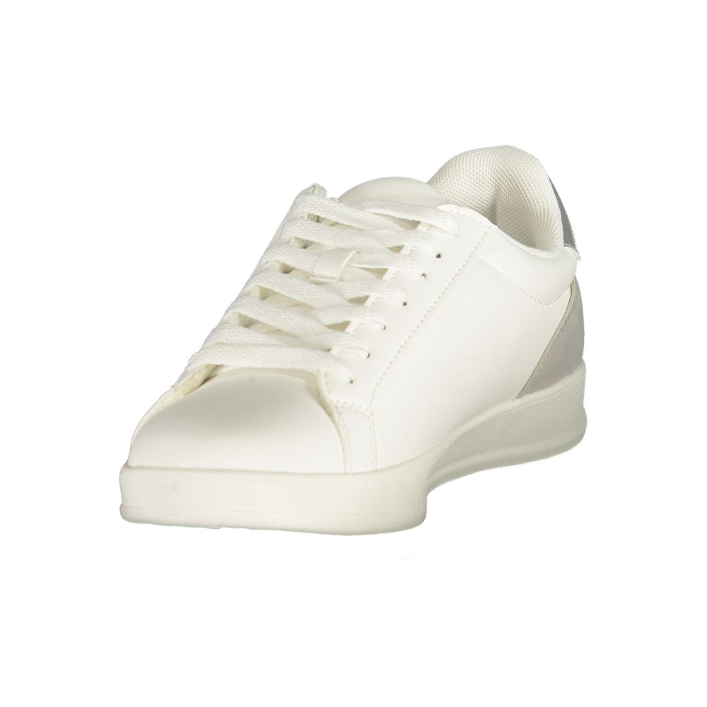 White U.S. POLO ASSN. women's sneaker with polyurethane material, rounded toe, and flat sole, displayed on a white background.