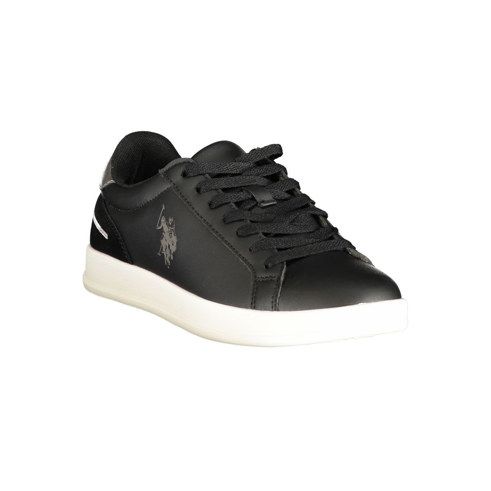 U.S. POLO ASSN. black polyurethane women's sneaker with sleek design and white sole, displayed on a plain background.
