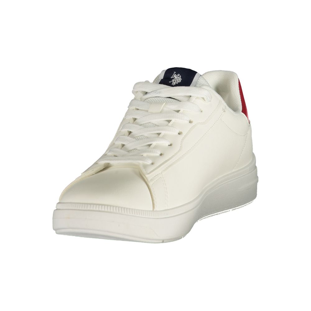 White U.S. POLO ASSN. men's sneaker with polyurethane upper, casual athletic style, and rubber sole, displayed from a side angle.