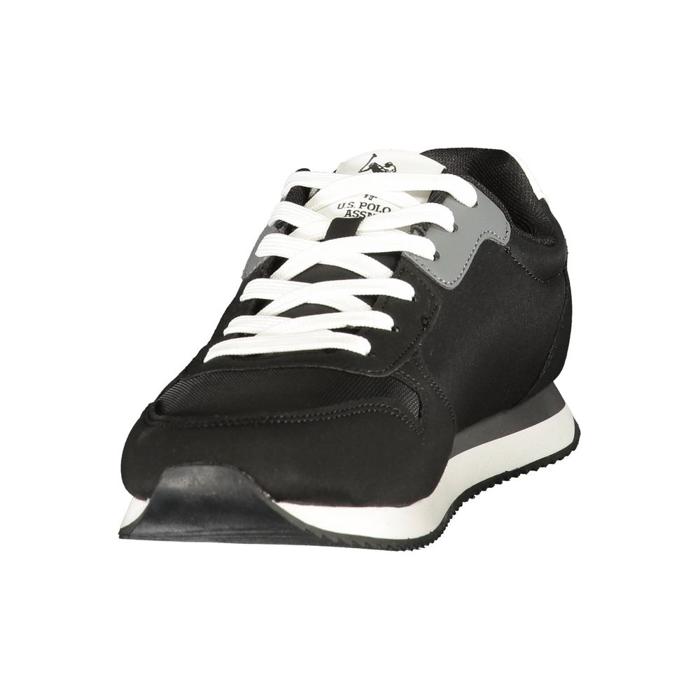Black U.S. POLO ASSN. men's sneaker made of polyurethane, featuring a sleek design and laces, on a plain background.