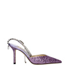 Jimmy Choo purple plastic stiletto heel sandals with open toe design and sleek straps.
