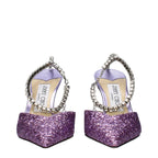 Jimmy Choo purple plastic stiletto heel sandals with open toe and ankle strap, stylish footwear for elegant occasions.