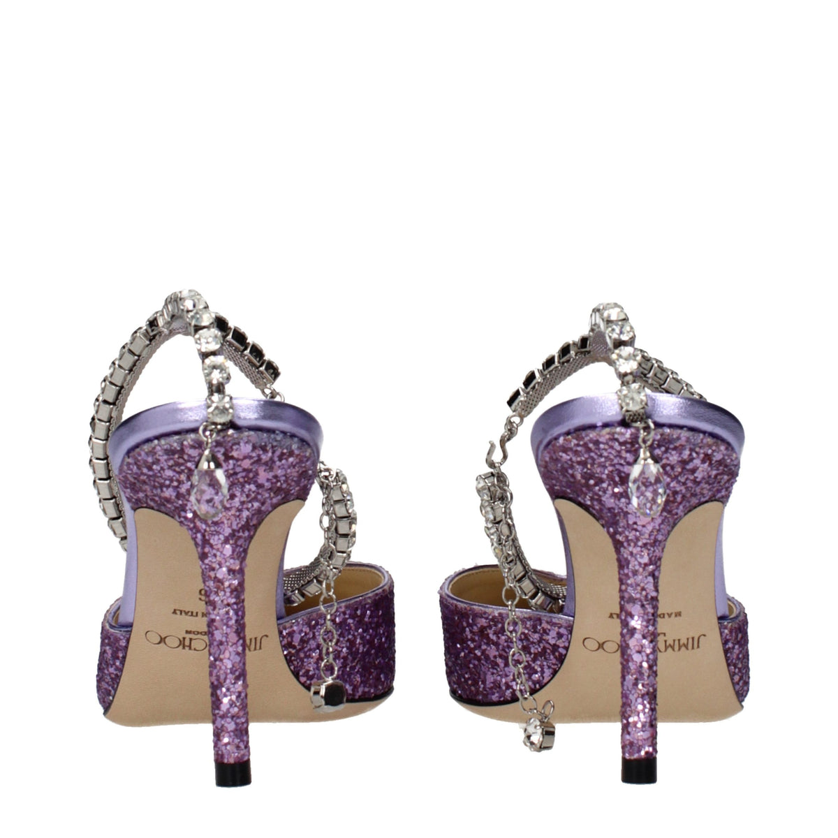 Jimmy Choo purple plastic stiletto heel sandals with open toe and ankle strap, stylish footwear for elegant occasions.
