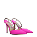 Jimmy Choo pink satin stiletto heel sandals with ankle straps and open toe design, elegant and stylish footwear.