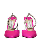 Jimmy Choo pink satin stiletto heel sandals with ankle straps and pointed toes, elegant and stylish for formal occasions