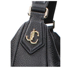 Jimmy Choo black leather shoulder bag with sleek design and silver hardware, featuring a spacious interior and adjustable strap.