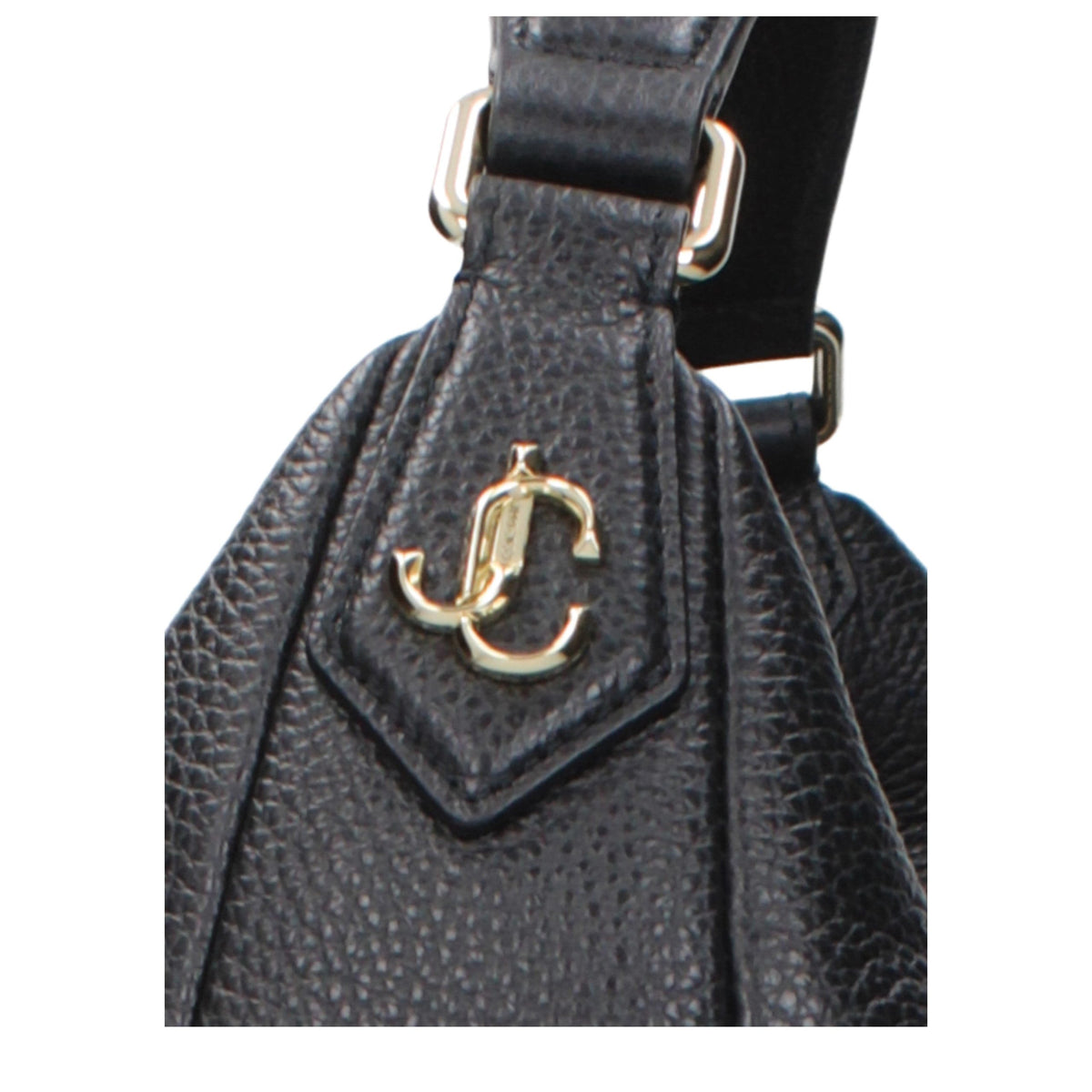 Jimmy Choo black leather shoulder bag with sleek design and silver hardware, featuring a spacious interior and adjustable strap.