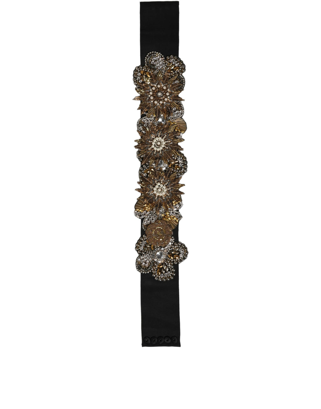 Dolce & Gabbana Black Gold Tone Crystal Brass Flower Brooches Belt - Eljoys Fashion 