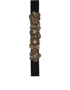 Dolce & Gabbana Black Gold Tone Crystal Brass Flower Brooches Belt - Eljoys Fashion 