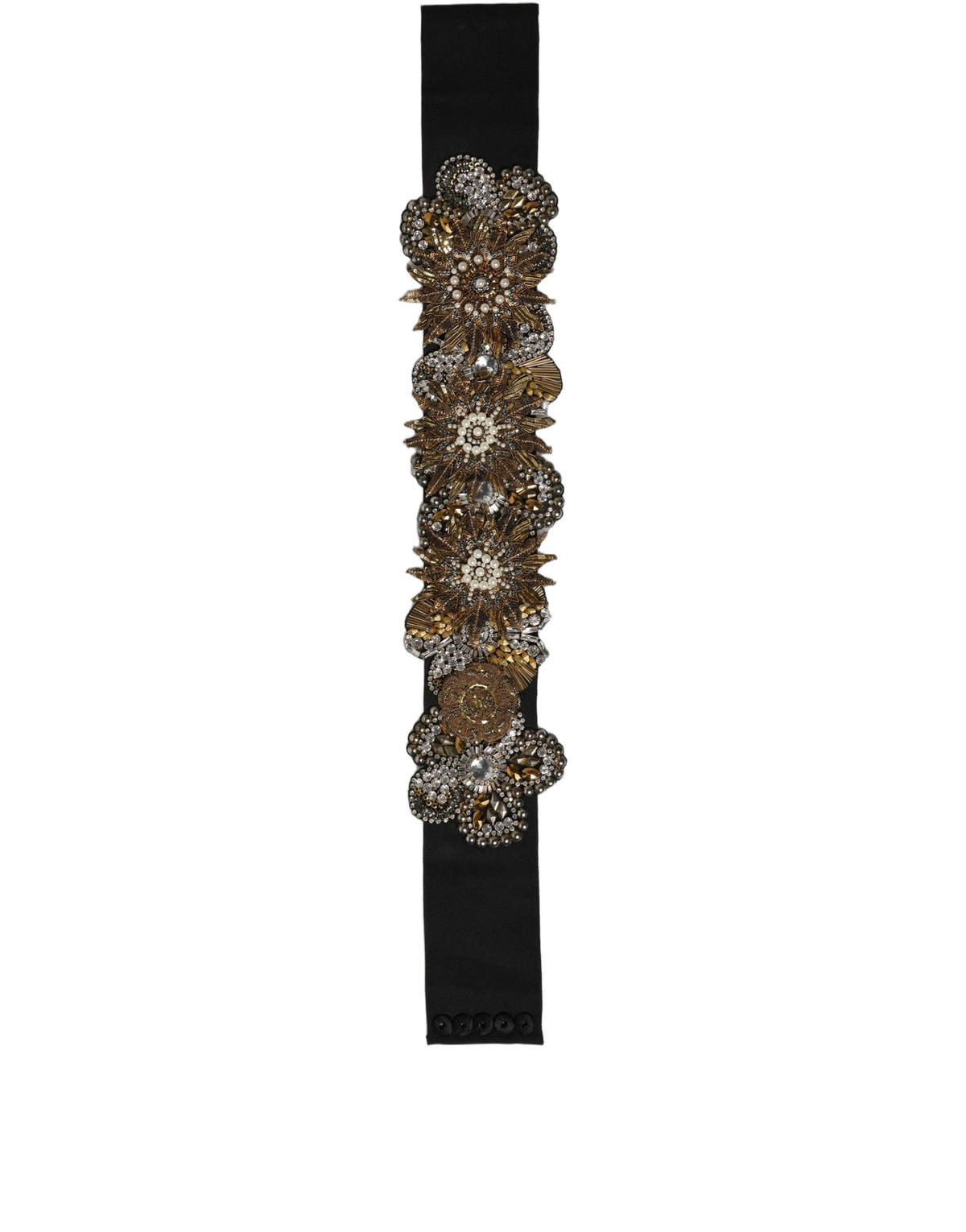 Dolce & Gabbana Black Gold Tone Crystal Brass Flower Brooches Belt - Eljoys Fashion 