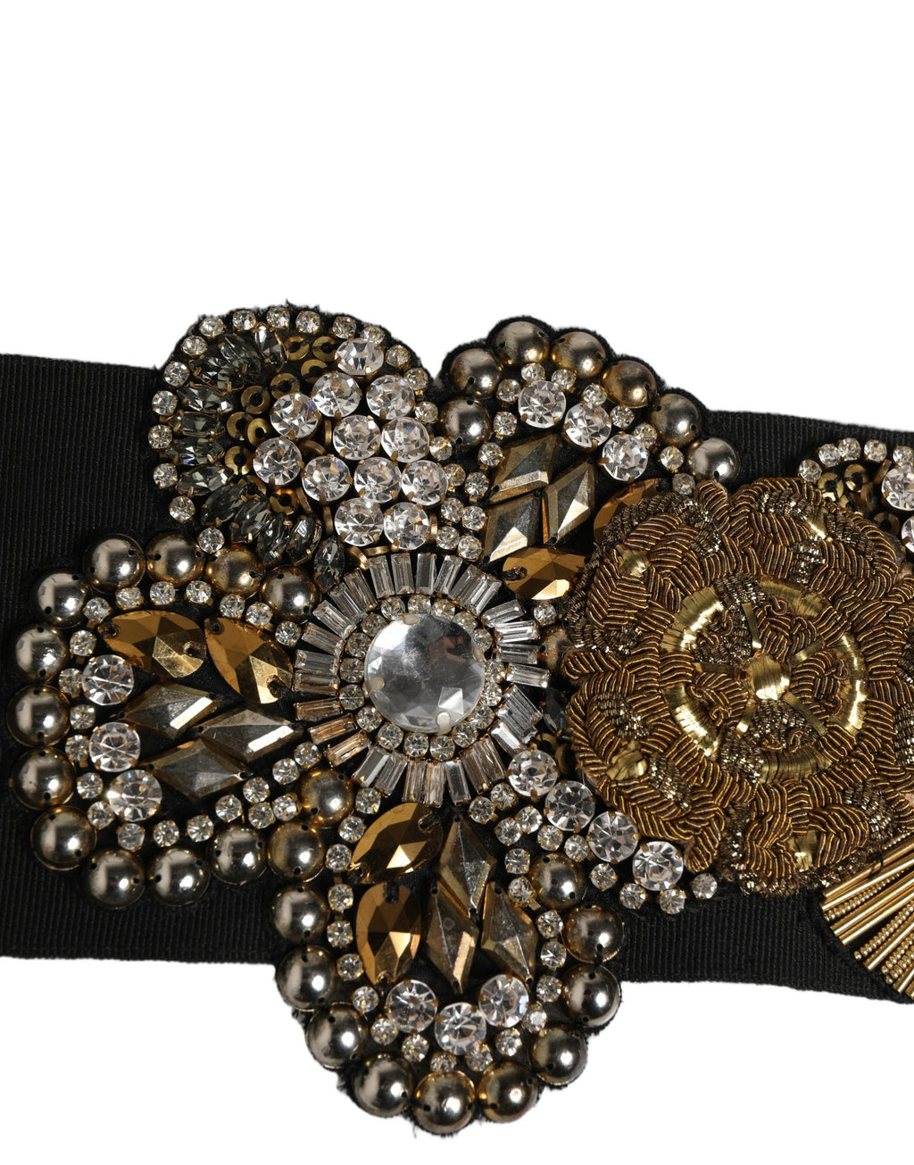 Dolce & Gabbana Black Gold Tone Crystal Brass Flower Brooches Belt - Eljoys Fashion 