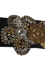 Dolce & Gabbana Black Gold Tone Crystal Brass Flower Brooches Belt - Eljoys Fashion 