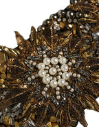 Dolce & Gabbana Black Gold Tone Crystal Brass Flower Brooches Belt - Eljoys Fashion 