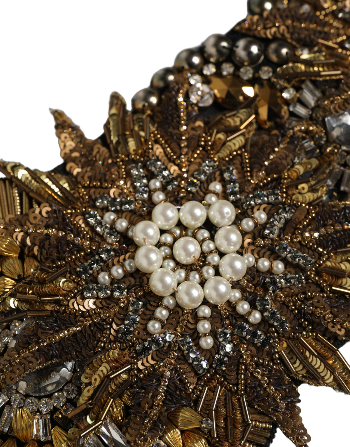 Dolce & Gabbana Black Gold Tone Crystal Brass Flower Brooches Belt - Eljoys Fashion 