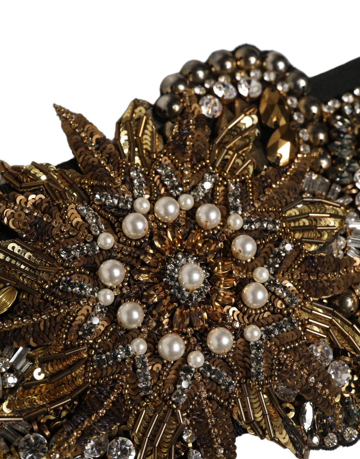 Dolce & Gabbana Black Gold Tone Crystal Brass Flower Brooches Belt - Eljoys Fashion 