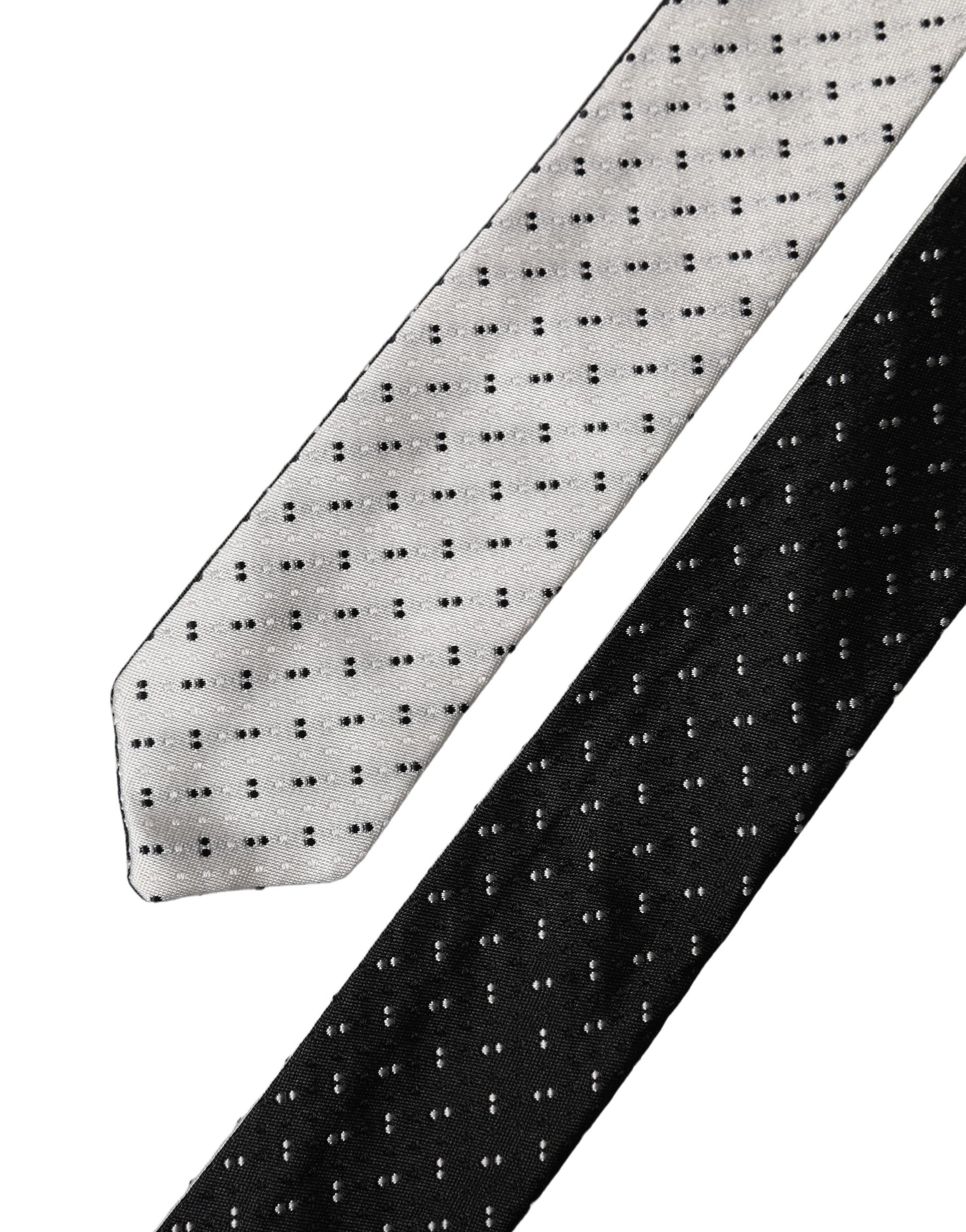 Dolce & Gabbana White Black Patterned Silk Adjustable Men Necktie Tie