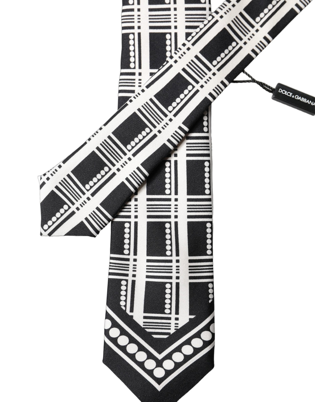 Dolce & Gabbana Black White Abstract Silk Adjustable Men Tied Necktie Tie - Eljoys Fashion 