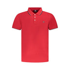 Red cotton men's polo shirt by Norway 1963, featuring a classic fit and polo collar, displayed on a plain background.