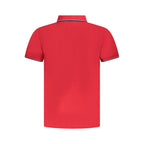 Norway 1963 red cotton men's polo shirt with collar and short sleeves, displayed on a hanger against a plain background.