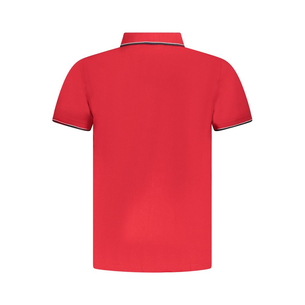 Norway 1963 red cotton men's polo shirt with collar and short sleeves, displayed on a hanger against a plain background.