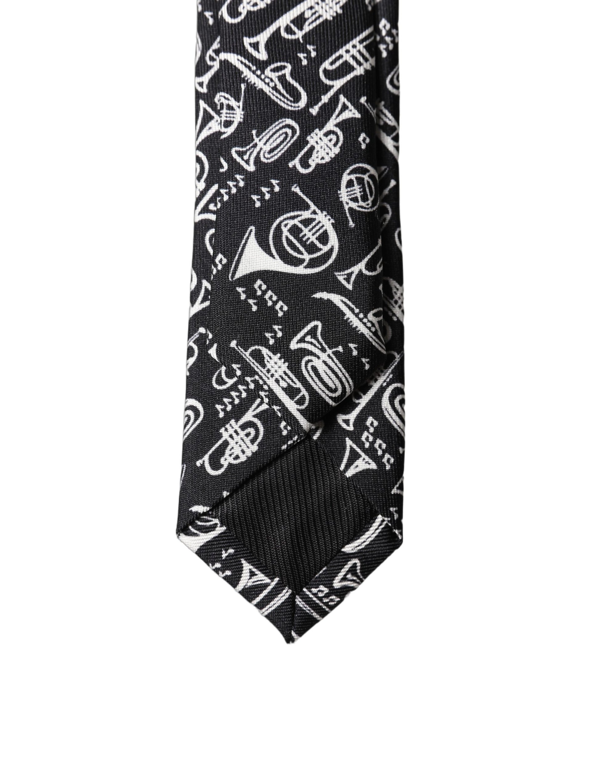 Dolce & Gabbana Black Trumpet Print Silk Adjustable Men Tied Necktie Tie