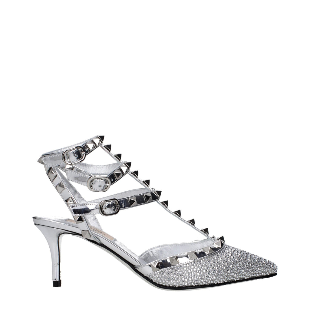 Gray leather stiletto heel sandals by Valentino Garavani, featuring elegant straps and sleek design.
