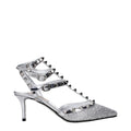Gray leather stiletto heel sandals by Valentino Garavani, featuring elegant straps and sleek design.