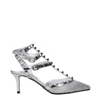 Gray leather stiletto heel sandals by Valentino Garavani, featuring elegant straps and sleek design.