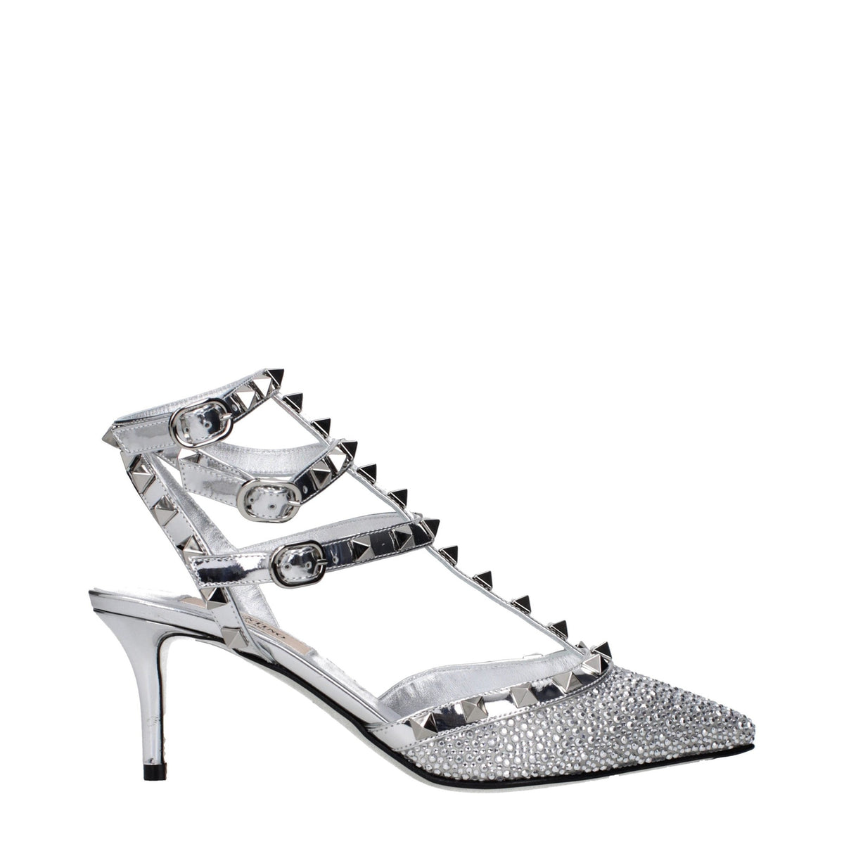 Gray leather stiletto heel sandals by Valentino Garavani, featuring elegant straps and sleek design.