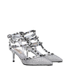 Gray leather stiletto heel sandals by Valentino Garavani, featuring elegant straps and sleek design.