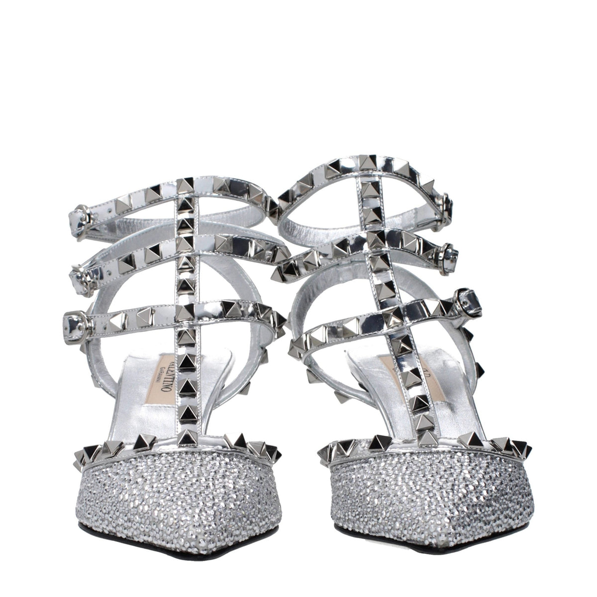 Gray leather Valentino Garavani stiletto heel sandals with ankle straps and open toe design.