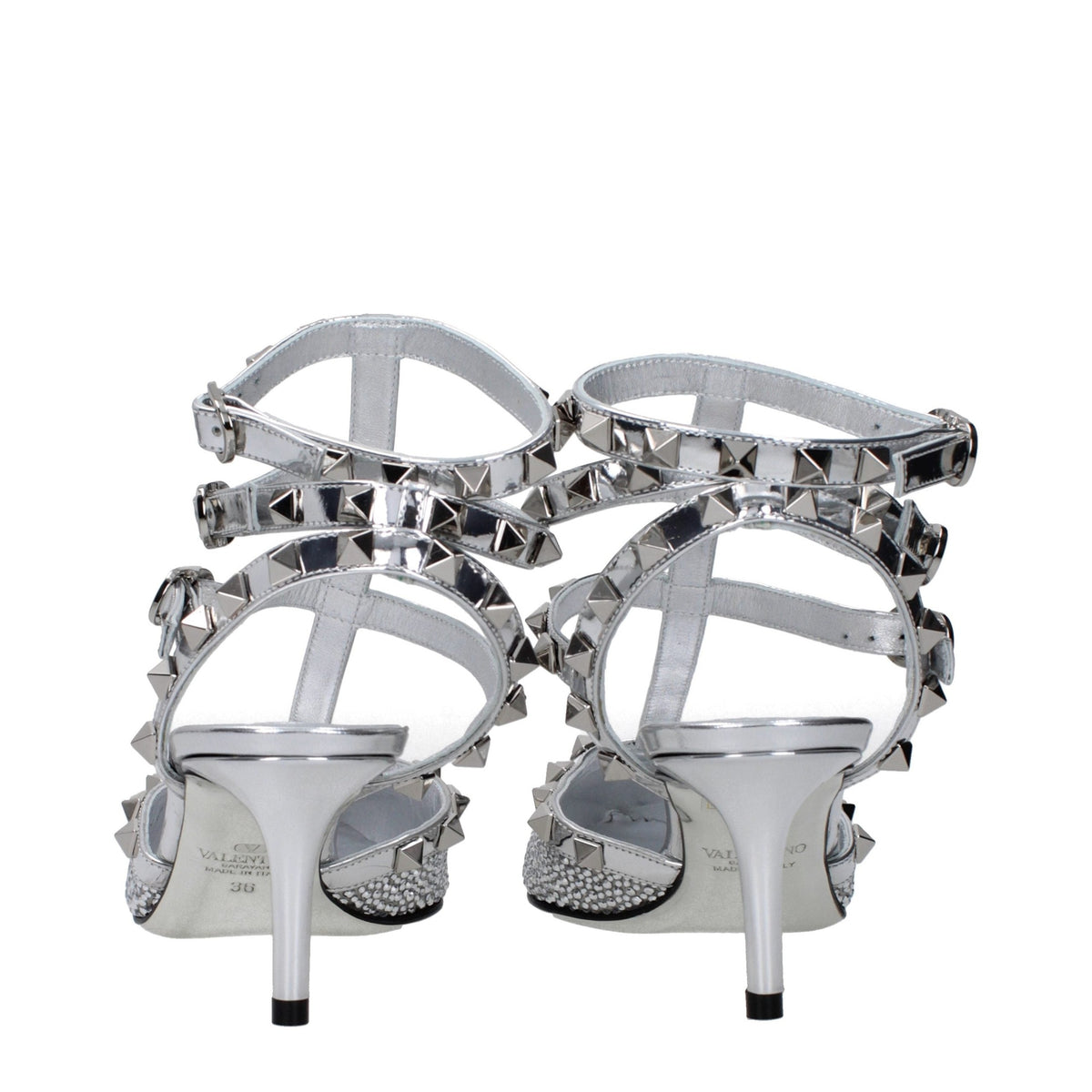 Valentino Garavani gray leather stiletto heel sandals with ankle straps and open toe design.